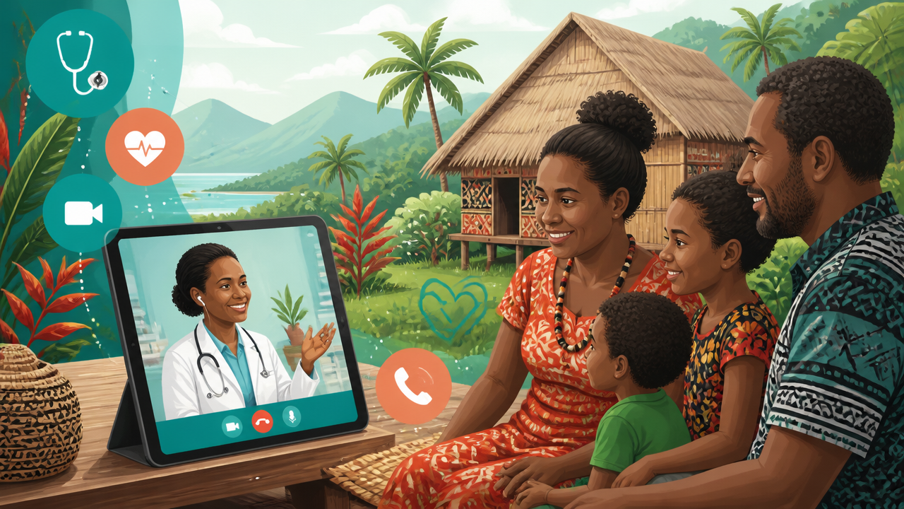 A family in Papua New Guinea having a video consultation with a doctor